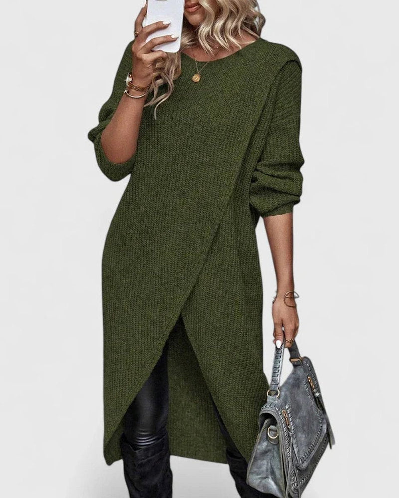 Wrap Sweater Dress for Women with Asymmetric Hem and Round Neck in Green, front view