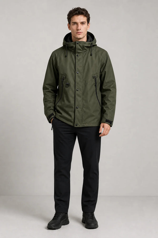 Sofaine Hudson men's hooded softshell jacket in Olive Green, worn front hero