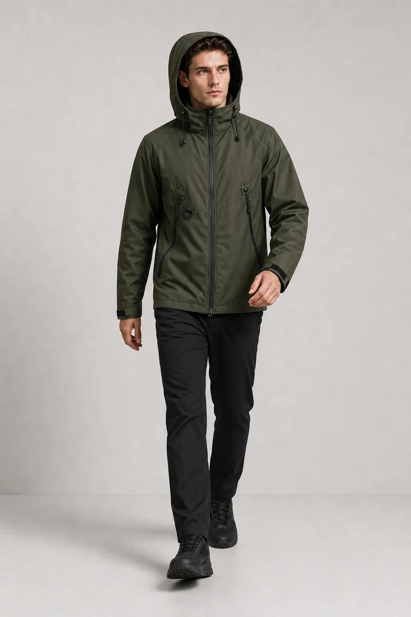 Sofaine Hudson men's hooded softshell jacket in Olive Green, styled hood up