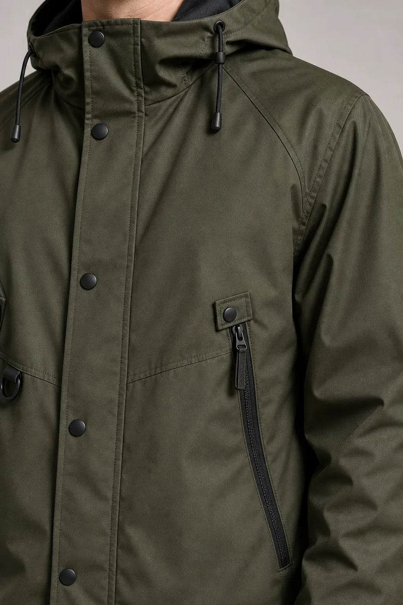 Sofaine Hudson men's hooded softshell jacket in Olive Green, chest zip detail