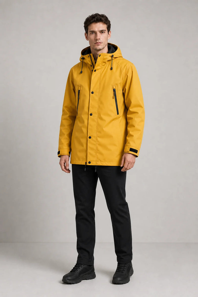 Sofaine Hudson men's hooded softshell jacket in Mustard Yellow, worn front