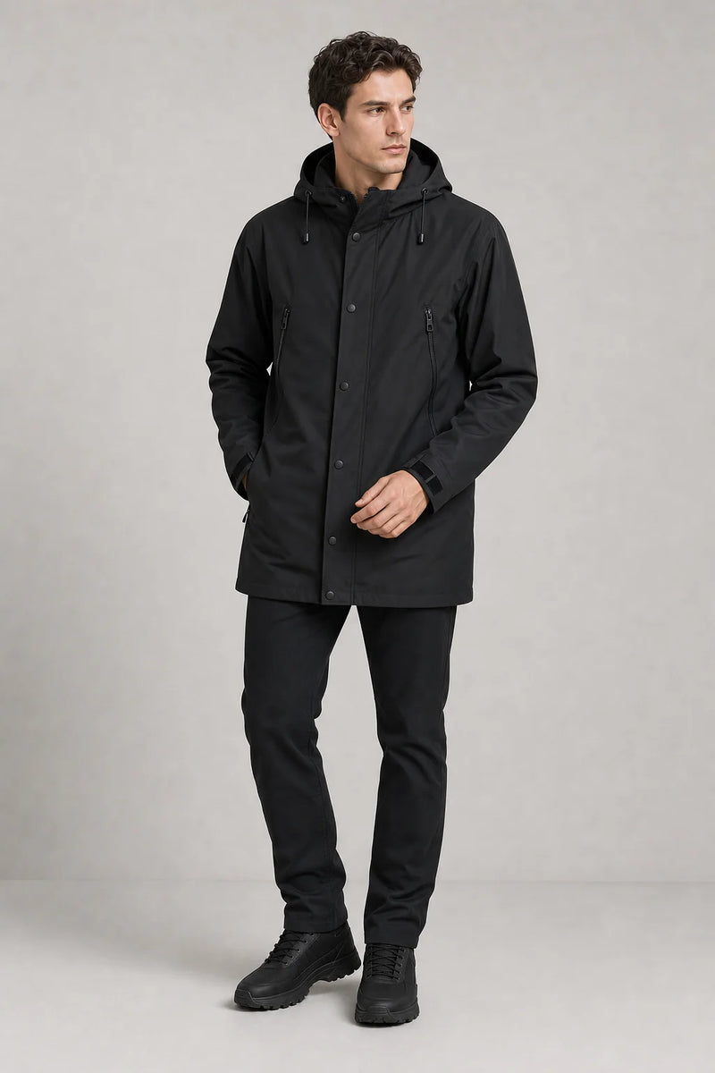 Sofaine Hudson men's hooded softshell jacket in Black, worn front