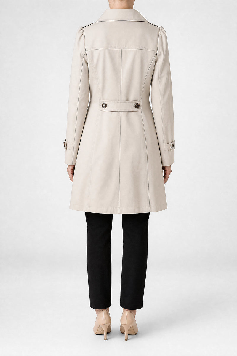 Sofaine Ilana women's trench coat in Beige, back view studio shot
