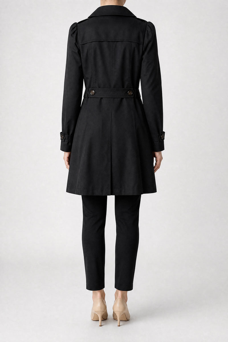 Sofaine Ilana women's trench coat in Black, back view studio shot