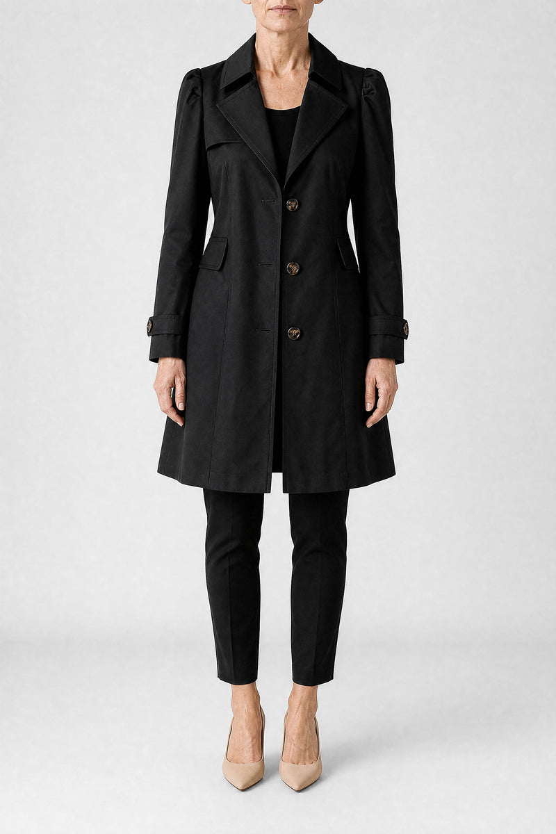 Sofaine Ilana women's trench coat in Black, front view studio shot