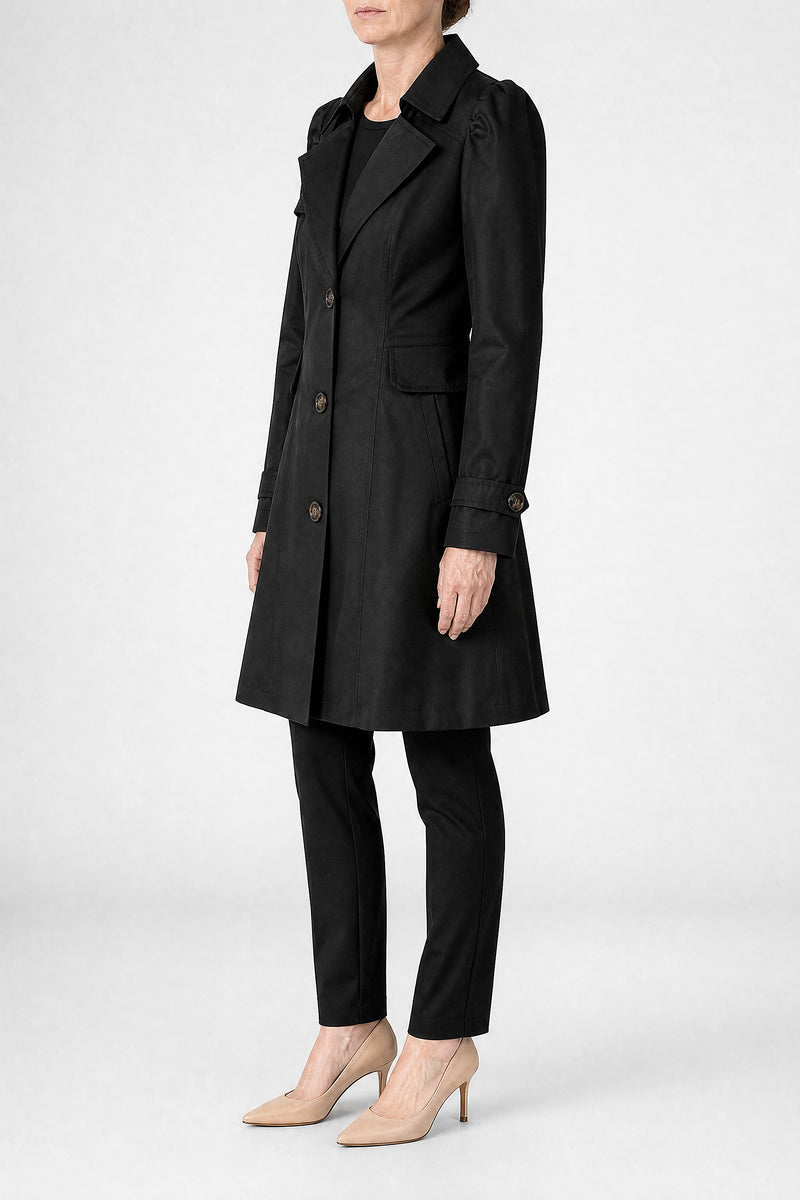Sofaine Ilana women's trench coat in Black, side view studio shot