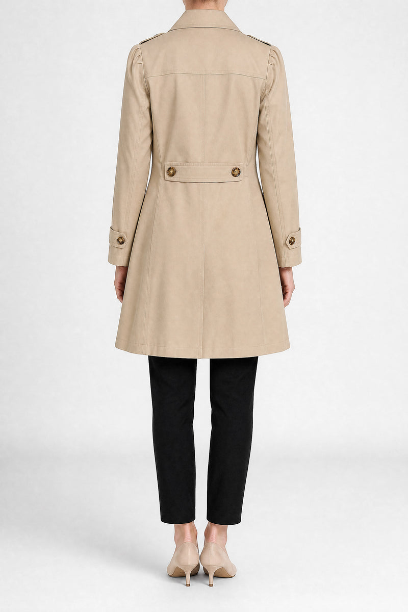 Sofaine Ilana women's trench coat in Khaki, back view studio shot