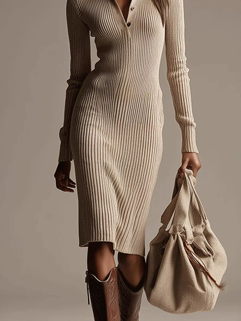 Polo Collar Ribbed Knit Midi Dress for Women with Button Placket in Beige, close-up