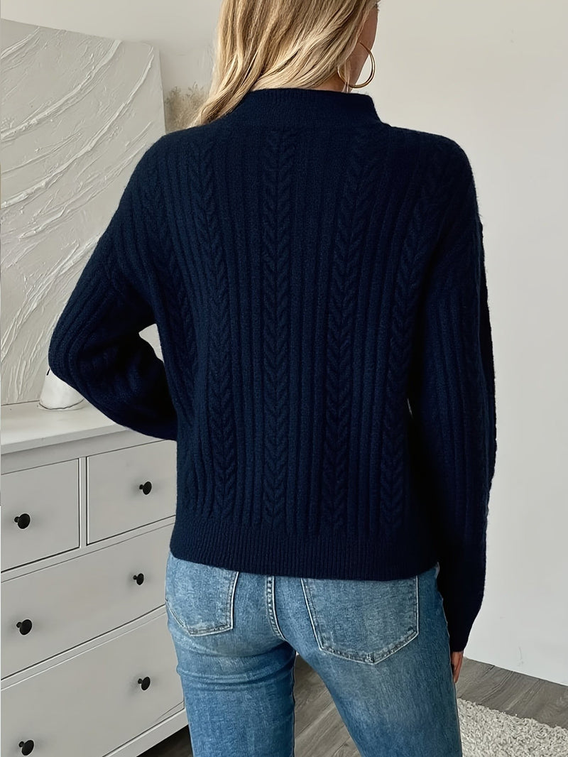 Cable Knit Half Zip Sweater for Women with Stand Collar and Ribbed Hem in Navy, back view