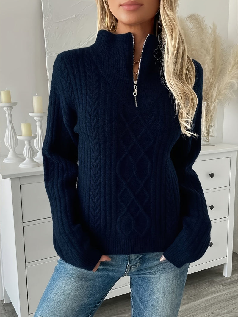 Cable Knit Half Zip Sweater for Women with Stand Collar and Ribbed Hem in Navy, front view 3