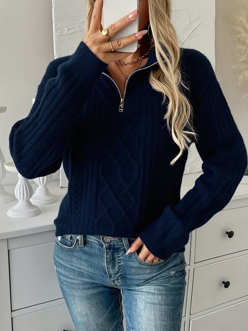 Cable Knit Half Zip Sweater for Women with Stand Collar and Ribbed Hem in Navy, mirror view