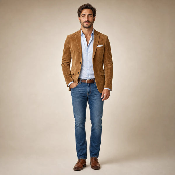 SOFAINE-V5-2026-07-07 Sofaine Noah men's suede-feel blazer in Light Brown, worn front hero