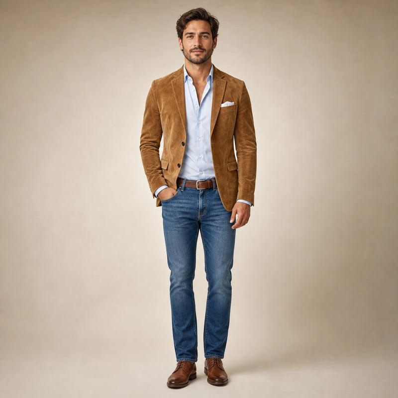 SOFAINE-V5-2026-07-07 Sofaine Noah men's suede-feel blazer in Light Brown, worn front hero