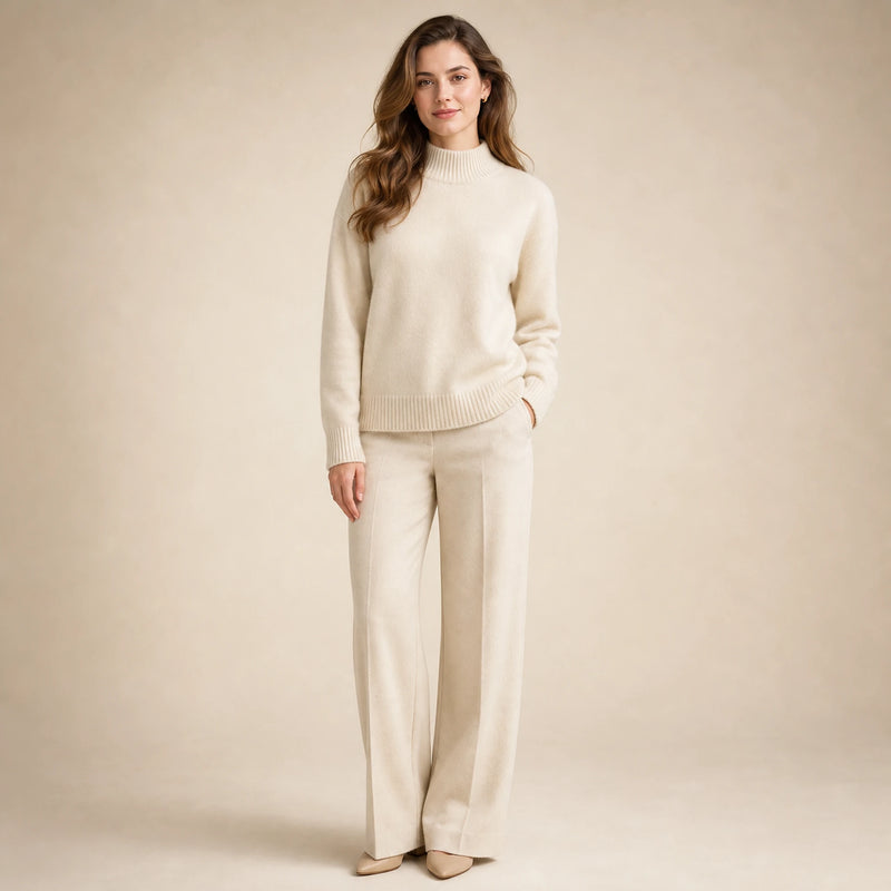 SOFAINE-V5-2026-07-07 Sofaine Olivia women's cashmere mock-neck sweater in Cream, worn front hero