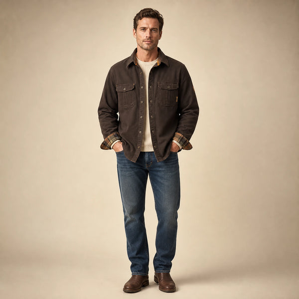 SOFAINE-V5-2026-07-07 Sofaine James men's waxed cotton jacket in Dark Brown, worn front hero
