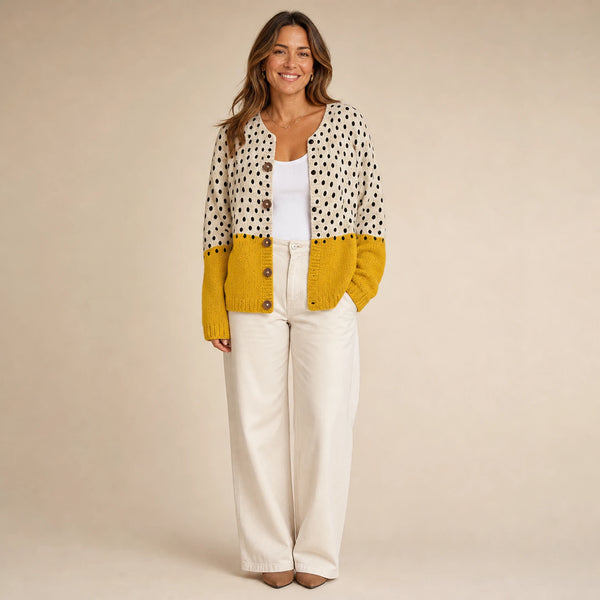 SOFAINE-V5-2026-07-07 Sofaine Sofia women's patterned knit cardigan in Multicolor, worn front hero
