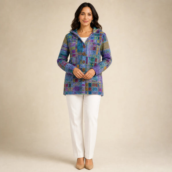 SOFAINE-V5-2026-07-07 Sofaine Emily women's long brushed-knit cardigan in Purple, worn front hero