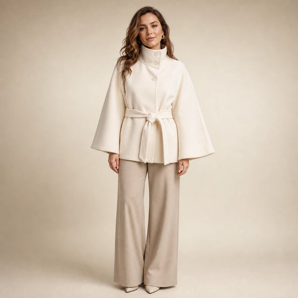 SOFAINE-V5-2026-07-07 Sofaine Ella women's winter cape coat in Beige, worn front hero
