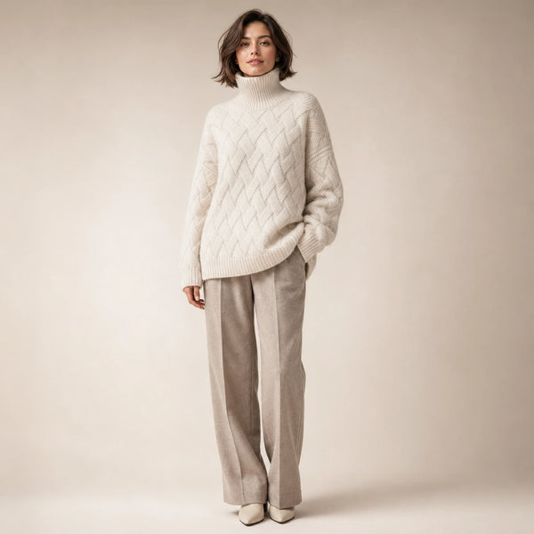 SOFAINE-V5-2026-07-07 Sofaine Abigail women's cashmere-blend turtleneck sweater in Beige, worn front hero
