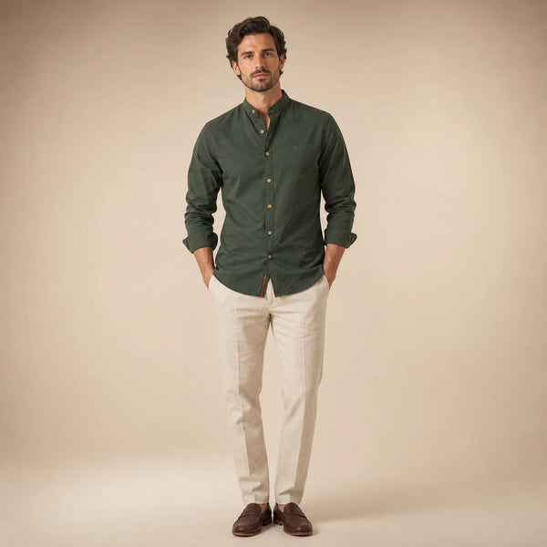 SOFAINE-V5-2026-07-07 Sofaine Mateo men's long-sleeve polo shirt in Dark Green, worn front hero