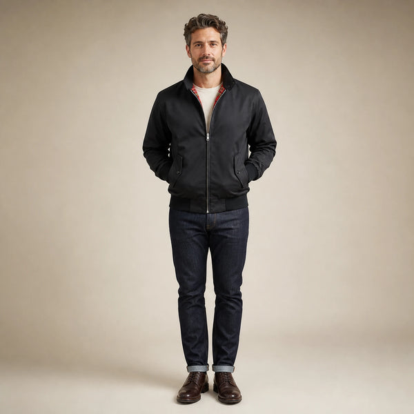 SOFAINE-V5-2026-07-07 Sofaine Theodore men's Harrington jacket in Black, worn front hero