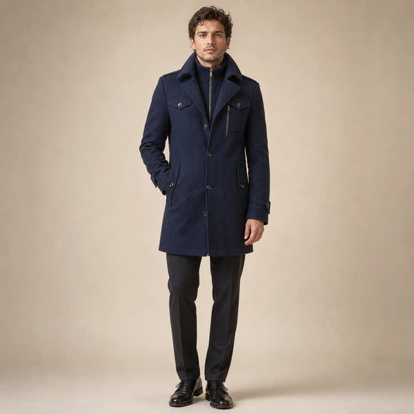 SOFAINE-V5-2026-07-07 Sofaine William men's wool overcoat in Dark Blue, worn front hero