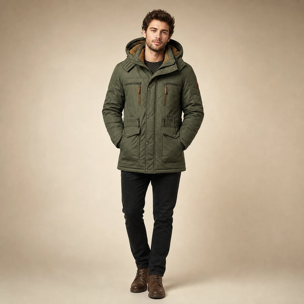 SOFAINE-V5-2026-07-07 Sofaine Oliver men's fleece-lined winter jacket in Green, worn front hero