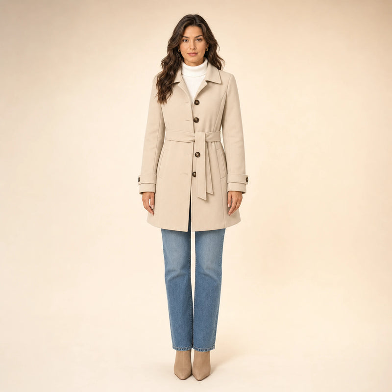 SOFAINE-V5-2026-07-07 Sofaine Emma women's belted trench coat in Champagne, worn front hero