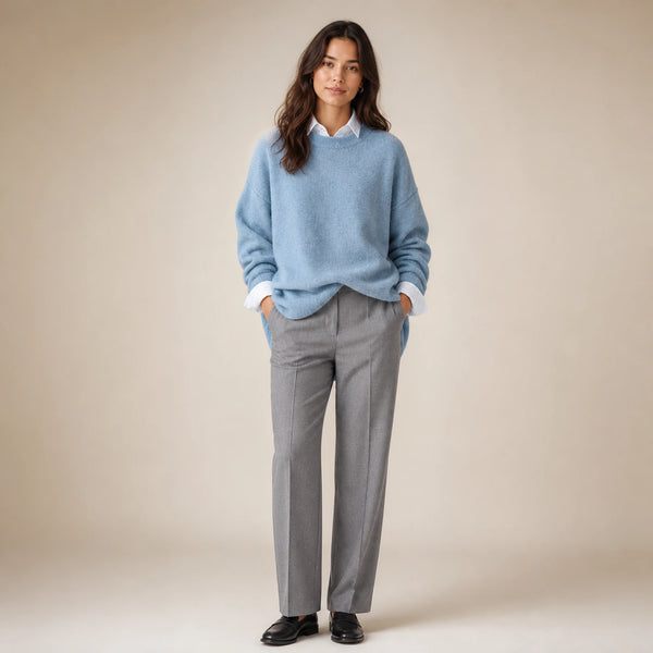 SOFAINE-V5-2026-07-07 Sofaine Camila women's oversized cashmere crew-neck sweater in Blue, worn front hero