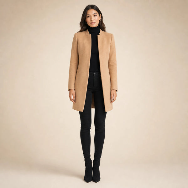 SOFAINE-V5-2026-07-07 Sofaine Sophia women's wool-blend coat in Khaki, worn front hero