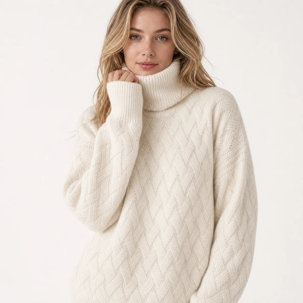 Sofaine Abigail oversized turtleneck sweater in Cream Ivory, worn front hero