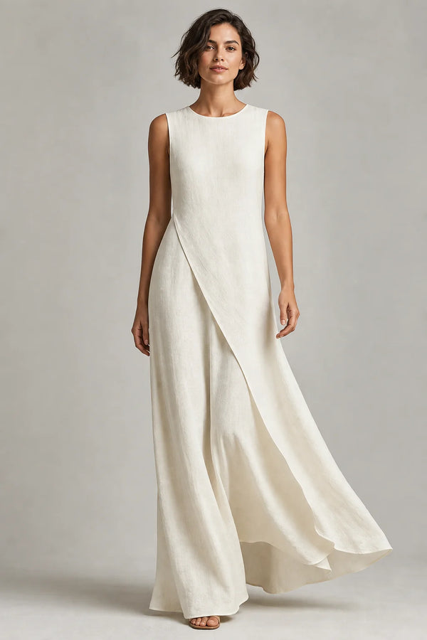 Sofaine Daphne asymmetric drape linen maxi dress in Ivory, worn front hero
