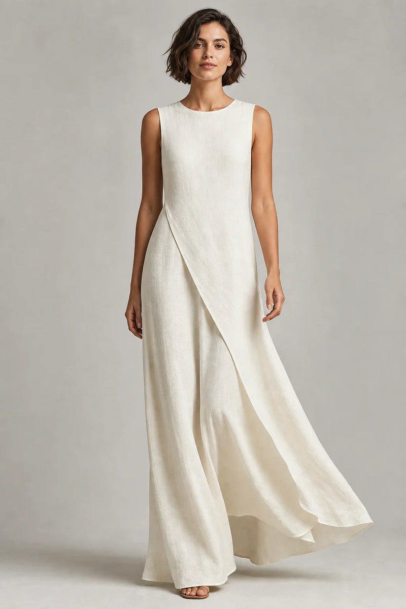 Sofaine Daphne asymmetric drape linen maxi dress in Ivory, worn front hero