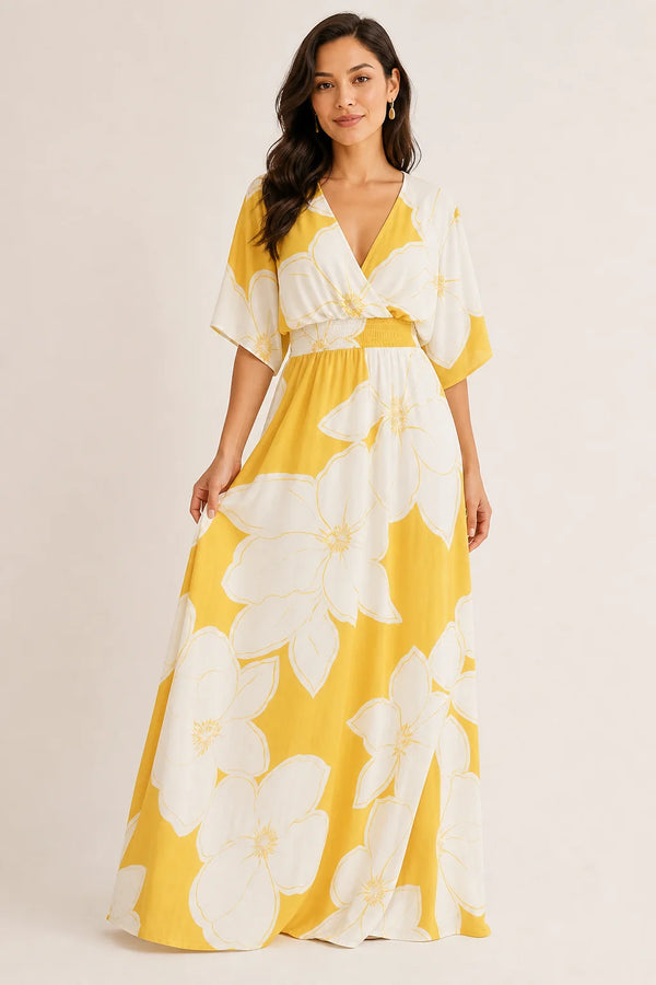 Sofaine Giselle magnolia floral-print maxi dress in Yellow, worn front hero