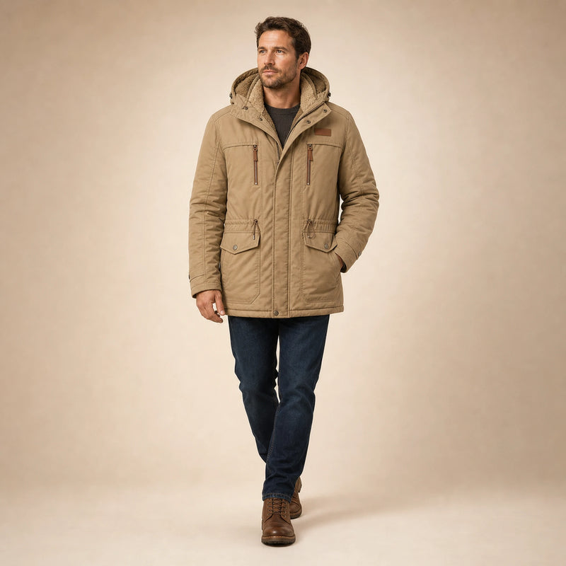 SOFAINE-V5-2026-07-07 Sofaine Oliver men's fleece-lined winter jacket in Khaki, styled full look