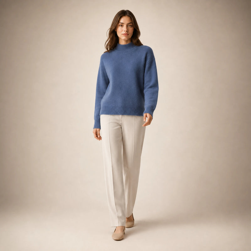 SOFAINE-V5-2026-07-07 Sofaine Olivia women's cashmere mock-neck sweater in Blue, styled full look