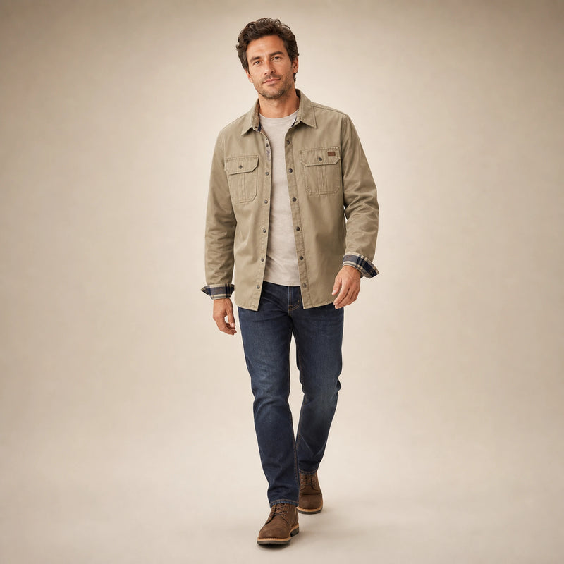 SOFAINE-V5-2026-07-07 Sofaine James men's waxed cotton jacket in Beige, styled full look