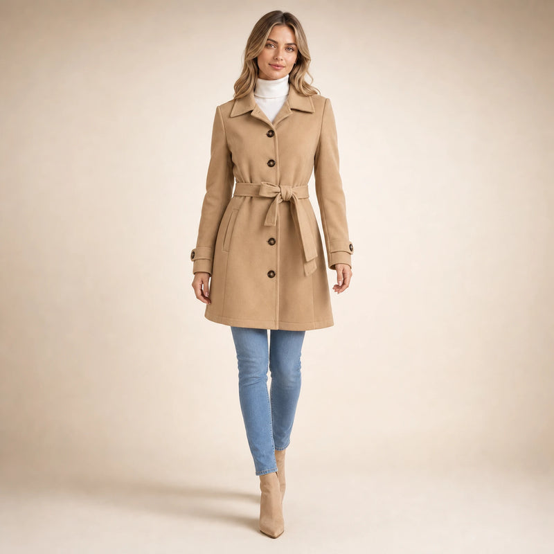SOFAINE-V5-2026-07-07 Sofaine Emma women's belted trench coat in Khaki, styled full look