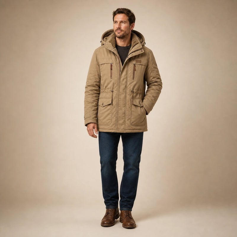 SOFAINE-V5-2026-07-07 Sofaine Oliver men's fleece-lined winter jacket in Khaki, worn hood and zip detail