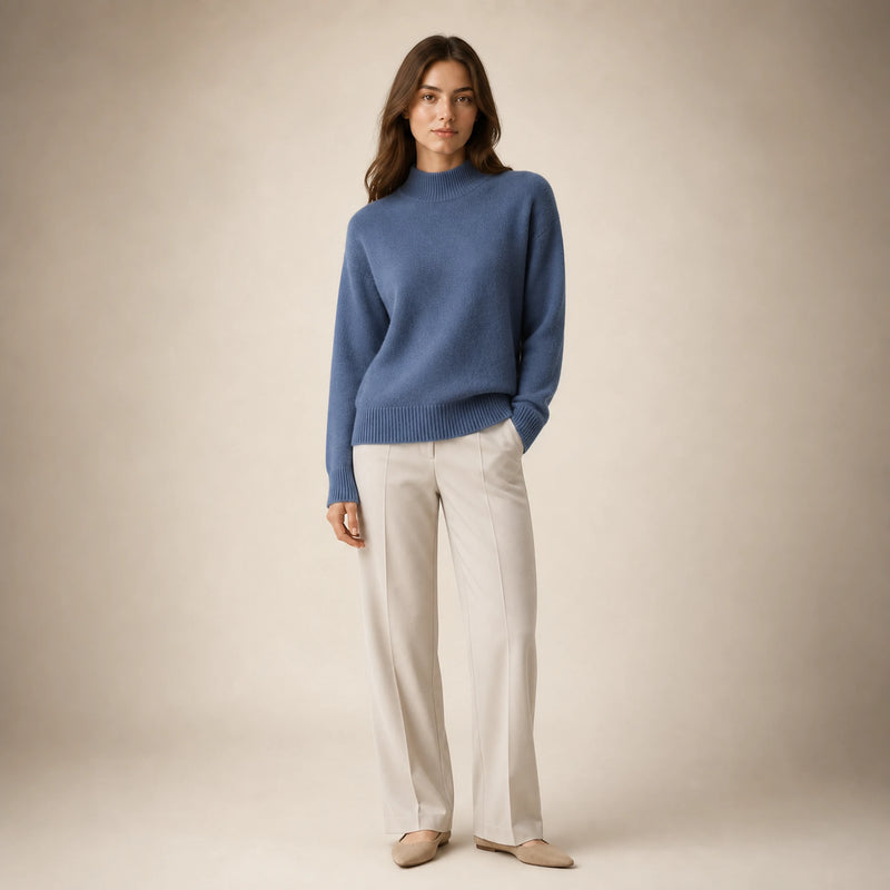 SOFAINE-V5-2026-07-07 Sofaine Olivia women's cashmere mock-neck sweater in Blue, worn mock-neck knit detail