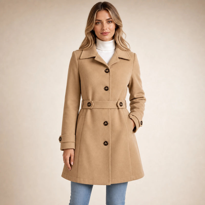 SOFAINE-V5-2026-07-07 Sofaine Emma women's belted trench coat in Khaki, worn belt and collar detail