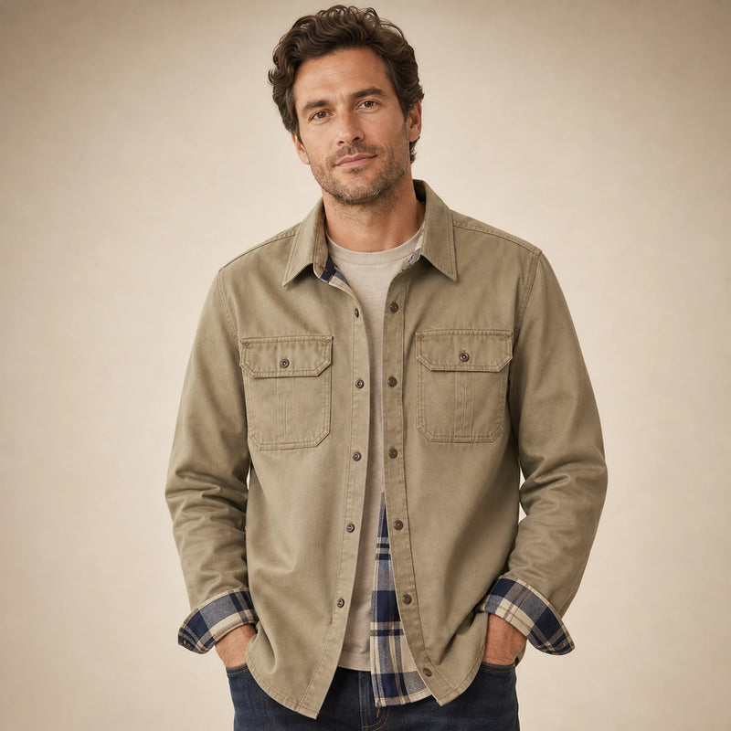 SOFAINE-V5-2026-07-07 Sofaine James men's waxed cotton jacket in Beige, worn collar and pocket detail