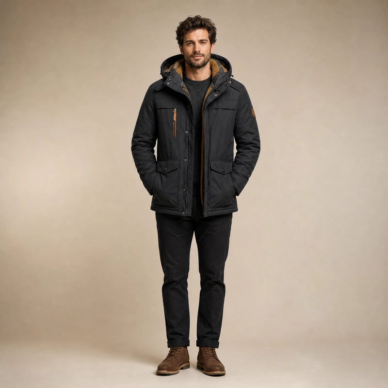 SOFAINE-V5-2026-07-07 Sofaine Oliver men's fleece-lined winter jacket in Black, worn front hero