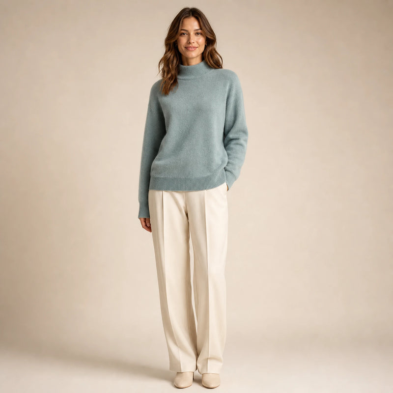 SOFAINE-V5-2026-07-07 Sofaine Olivia women's cashmere mock-neck sweater in Green, worn front hero