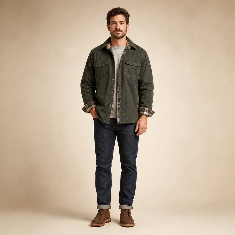 SOFAINE-V5-2026-07-07 Sofaine James men's waxed cotton jacket in Green, worn front hero
