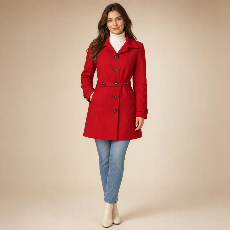SOFAINE-V5-2026-07-07 Sofaine Emma women's belted trench coat in Red, worn front hero