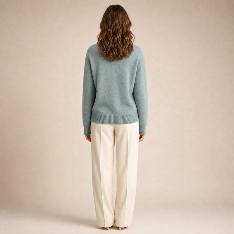 SOFAINE-V5-2026-07-07 Sofaine Olivia women's cashmere mock-neck sweater in Green, worn back