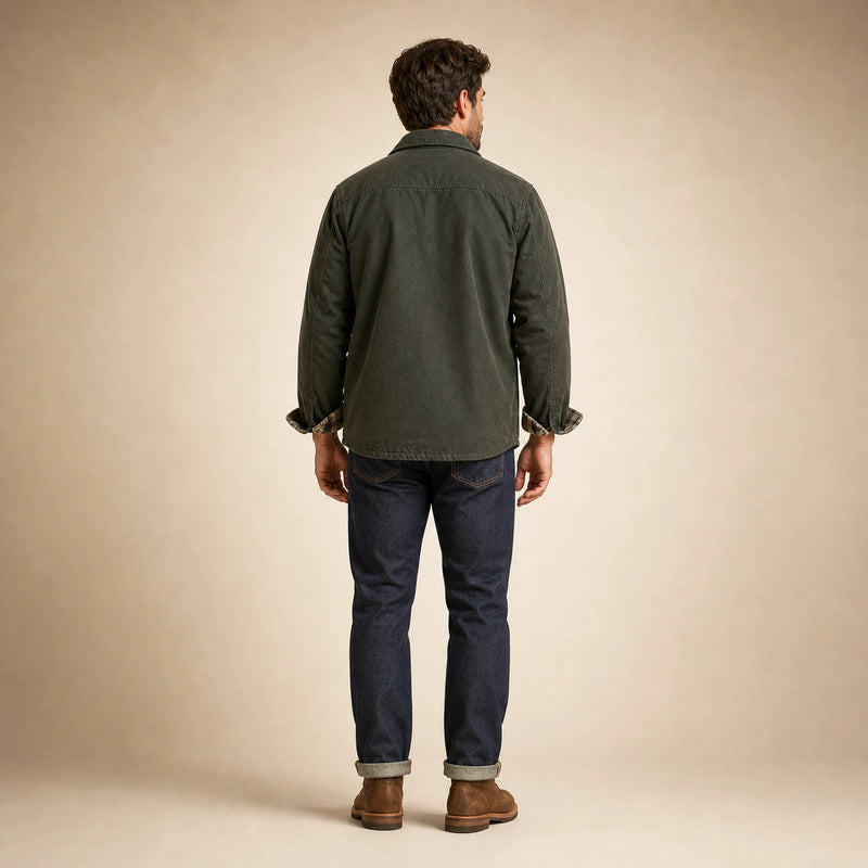 SOFAINE-V5-2026-07-07 Sofaine James men's waxed cotton jacket in Green, worn back