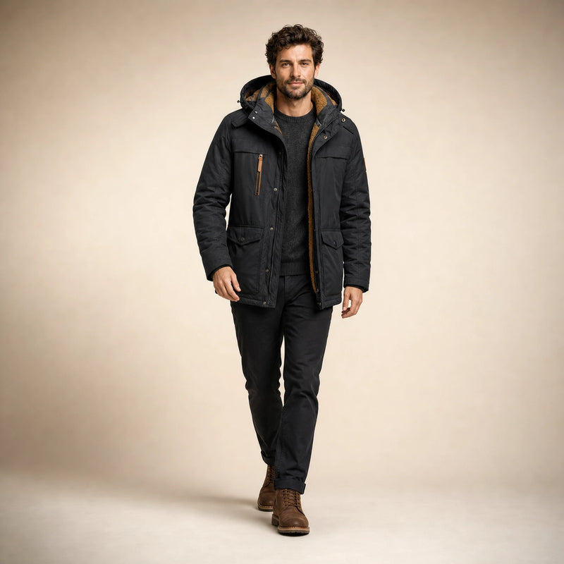 SOFAINE-V5-2026-07-07 Sofaine Oliver men's fleece-lined winter jacket in Black, styled full look