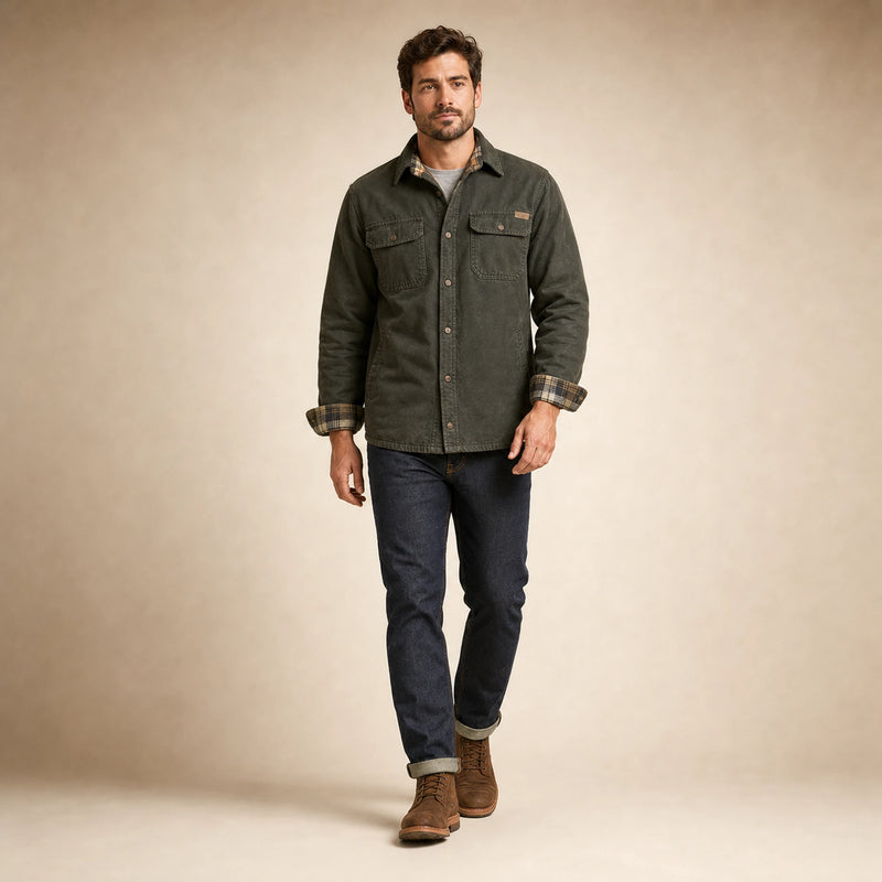SOFAINE-V5-2026-07-07 Sofaine James men's waxed cotton jacket in Green, styled full look